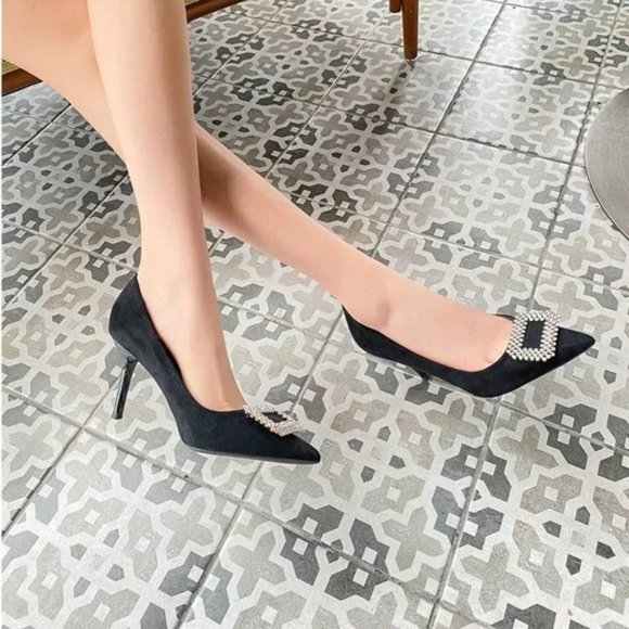 New velvet fine heel rhinestone cubes with pointed shallow mouth shoes - Picture 3 of 5